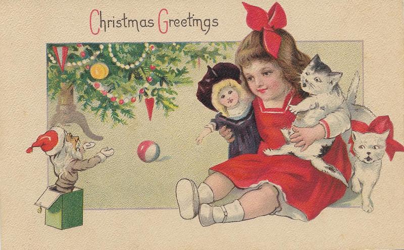 1921 postcard girl and two cats